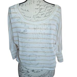 Kirra Women's Size Large White Gold Stripe Knit Sheer 3l4 Sleeve Sweater